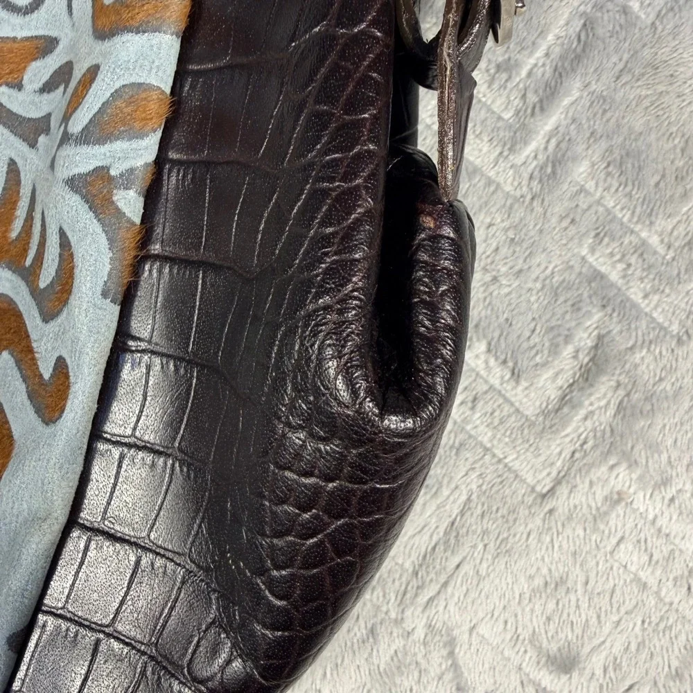 Berge Italian Pony Hair Leather Embossed Hobo Bag Blue Brown Damask Made Italy